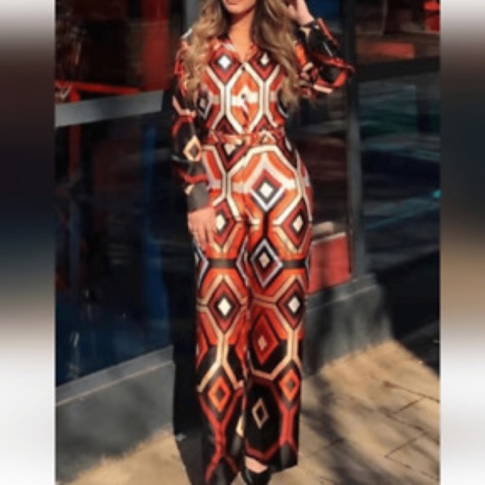 NWT ZARA Women's Geometric Print Jumpsuit Black/ Orange Size Small